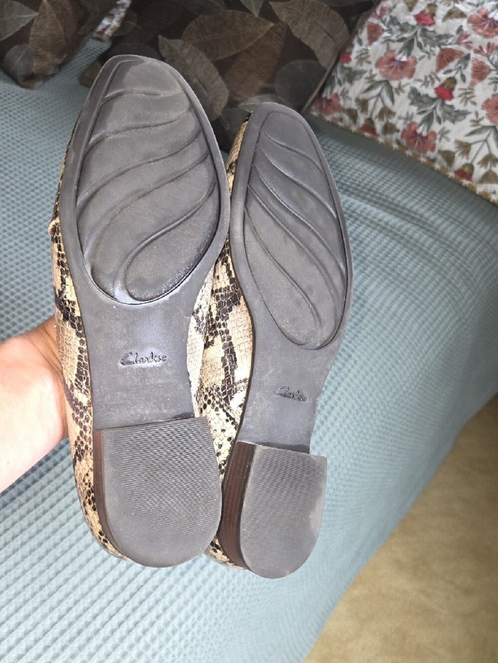 Clarks Taupe Snake-Print Leather Flats - Picture 6 of 6